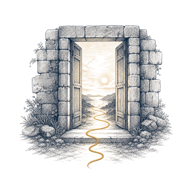 Il·lustració d’una porta oberta i un fil que continua cap a l’horitzó.